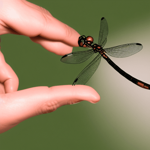 a dragonfly biting a human hand